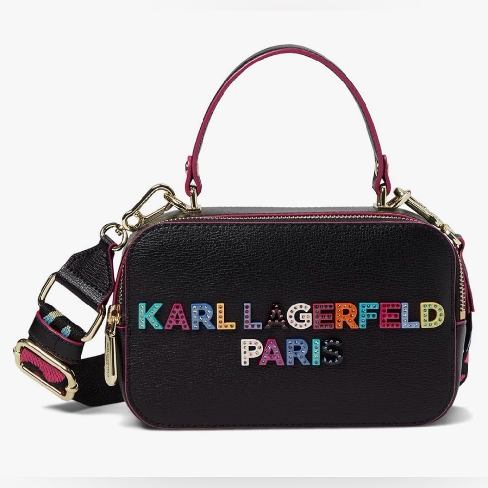 NWT Karl Lagerfeld Simone Camera Black Crossbody with Multicolor Rhinestone Logo
